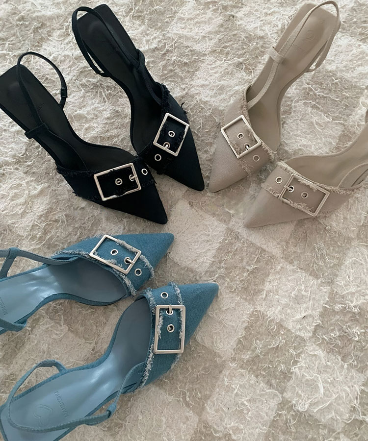 デニム×バックル ハイヒール バックストラップ サンダル