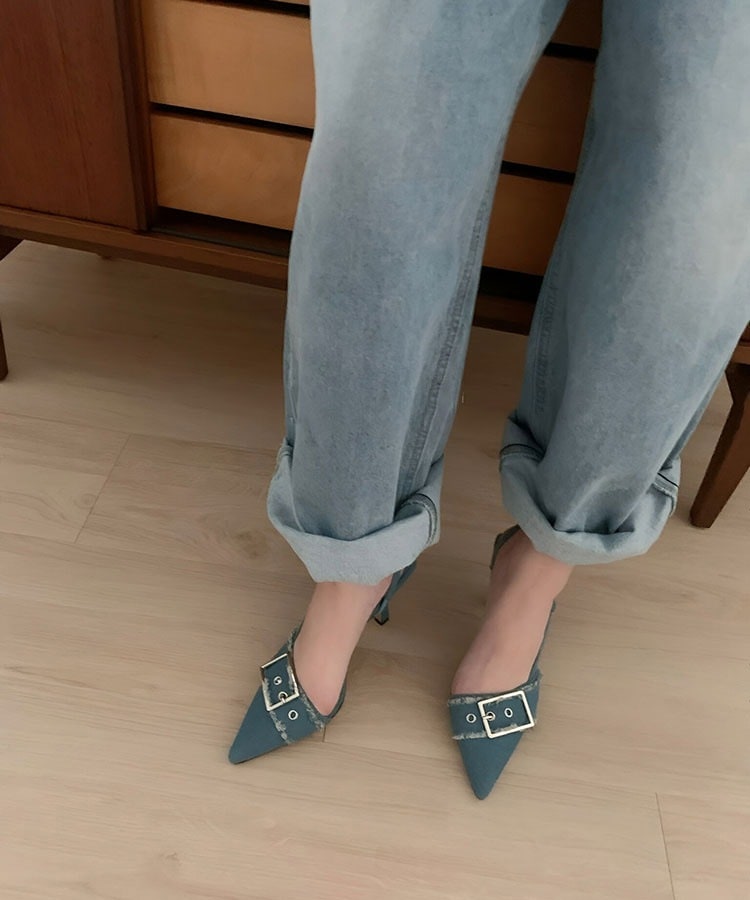 デニム×バックル ハイヒール バックストラップ サンダル