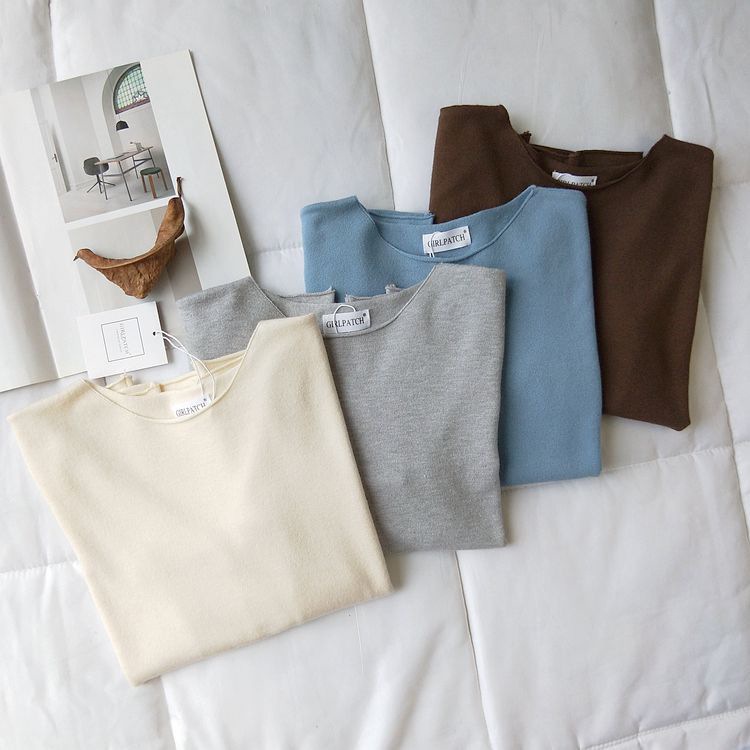 ヘムロールデザイン カラーニット トップス