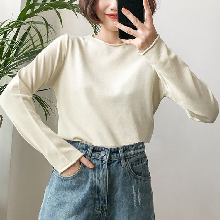 ヘムロールデザイン カラーニット トップス