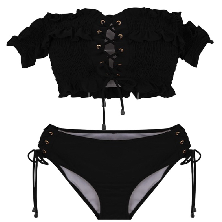 レトロ花柄 レースアップ オフショルダービキニ