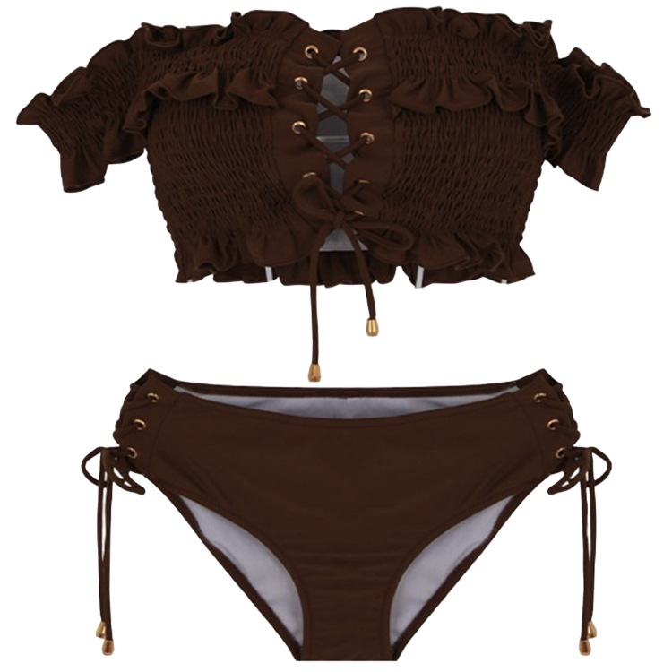 レトロ花柄 レースアップ オフショルダービキニ | スポーツウエア