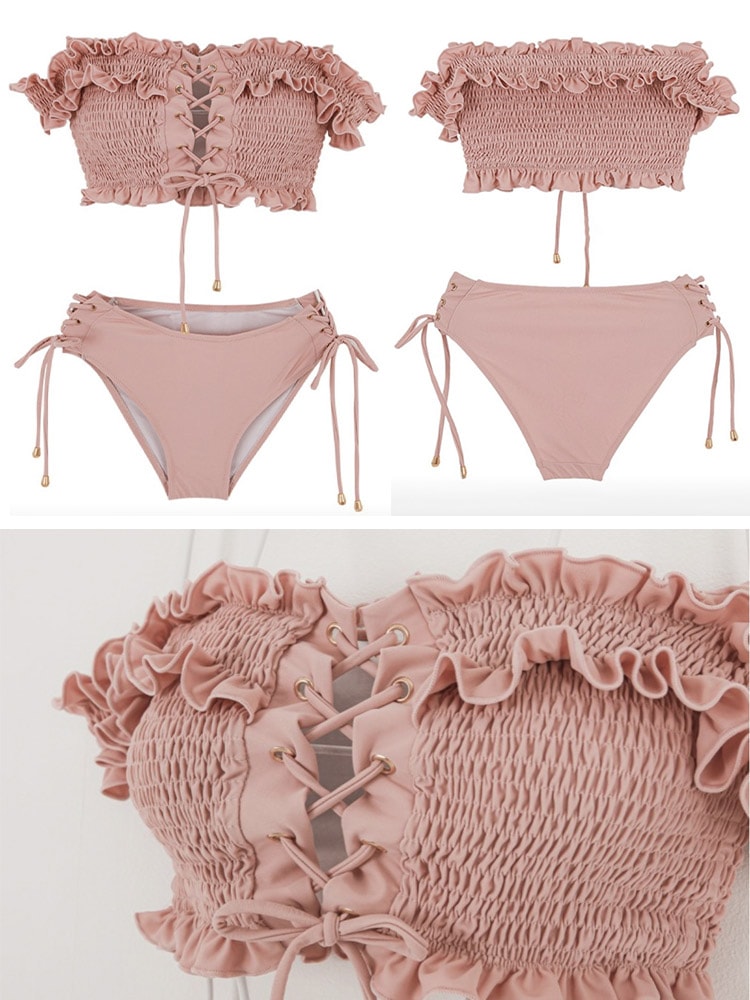 レトロ花柄 レースアップ オフショルダービキニ