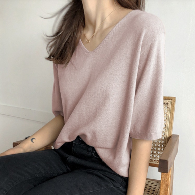 てろんと感 サマーニット 5分袖 カットソー Tシャツ