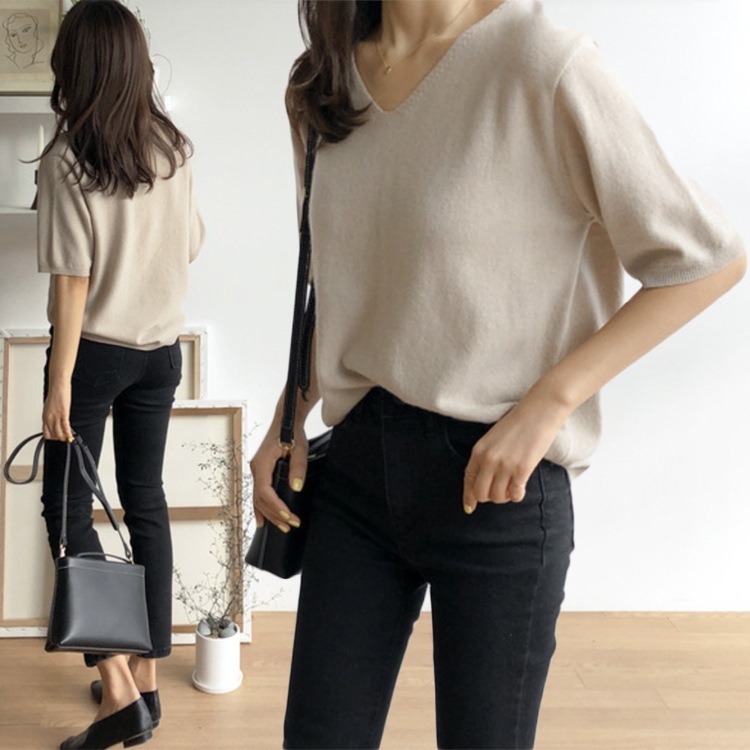 てろんと感 サマーニット 5分袖 カットソー Tシャツ