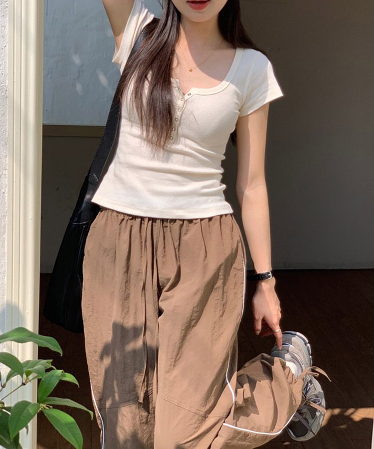 半袖 ヘンリーネック ショート丈 Tシャツ