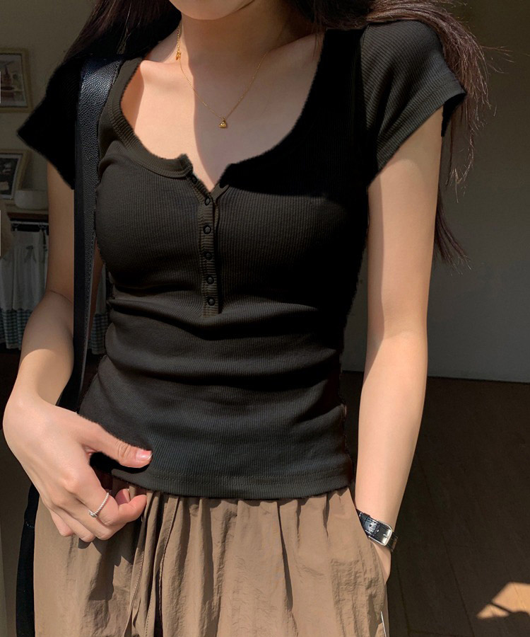 半袖 ヘンリーネック ショート丈 Tシャツ
