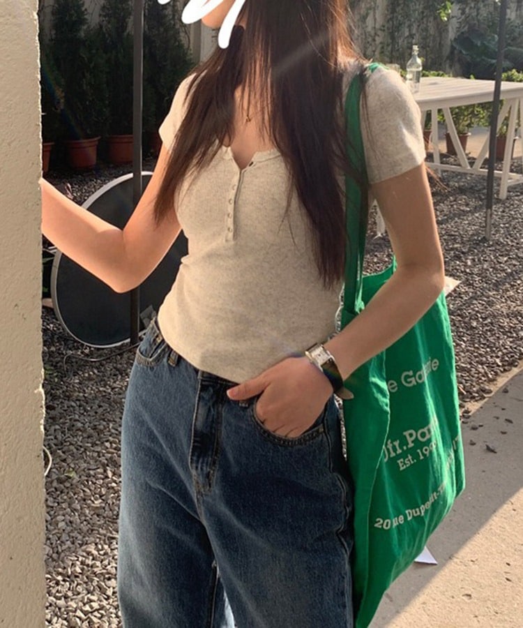 ヘンリーネック ルーズ Tシャツ 5色 半袖 トップス 韓国 cr9816 半袖 ヘンリーネック ショート丈 Tシャツ | レディース