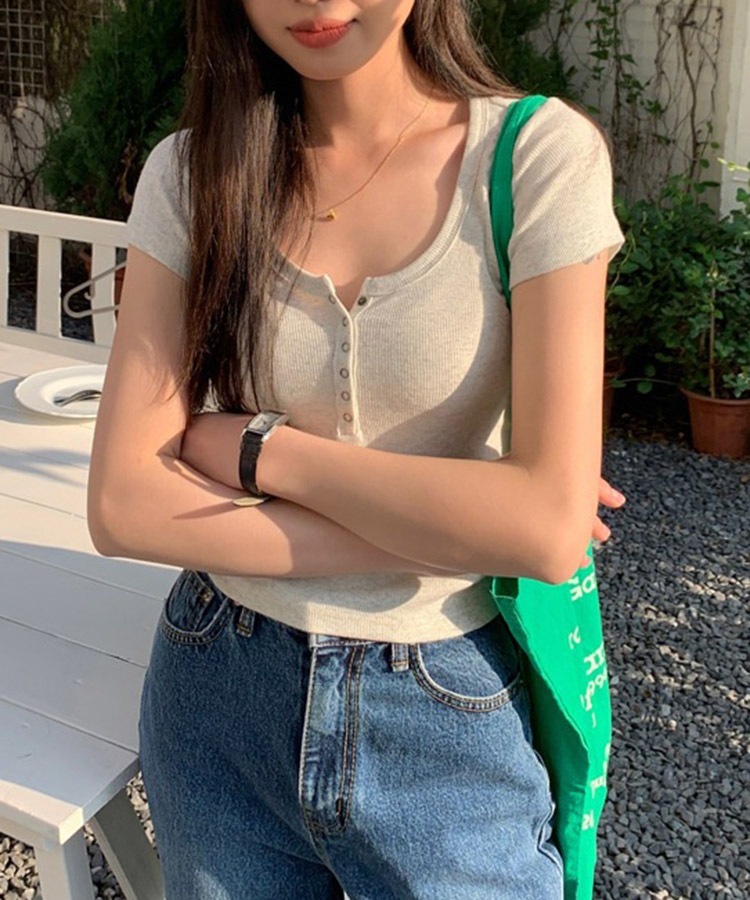 半袖 ヘンリーネック ショート丈 Tシャツ