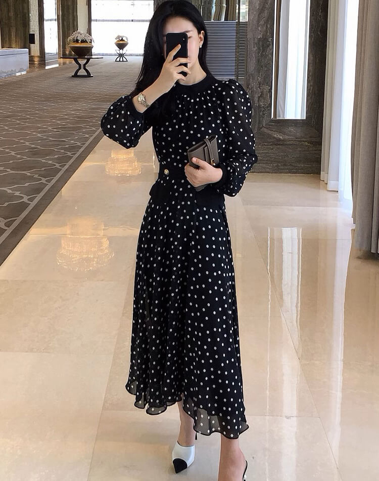 ドット柄 長袖 ミモレ丈 シフォンワンピース