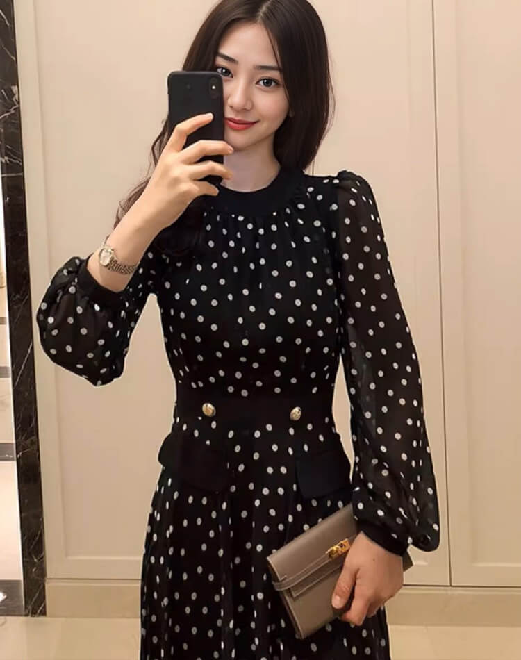 ドット柄 長袖 ミモレ丈 シフォンワンピース
