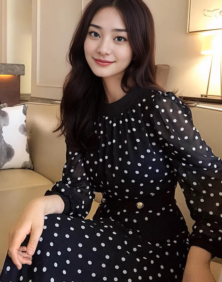 ドット柄 長袖 ミモレ丈 シフォンワンピース