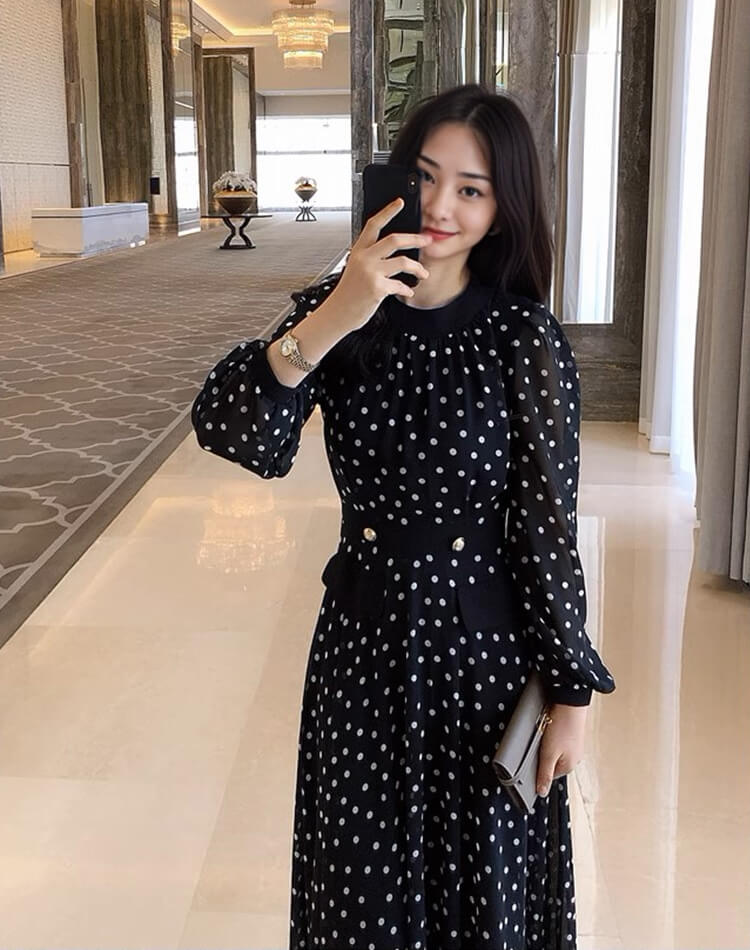 ドット柄 長袖 ミモレ丈 シフォンワンピース
