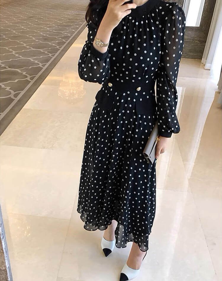 ドット柄 長袖 ミモレ丈 シフォンワンピース