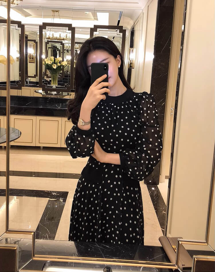 ドット柄 長袖 ミモレ丈 シフォンワンピース