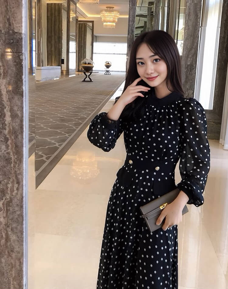 ドット柄 長袖 ミモレ丈 シフォンワンピース