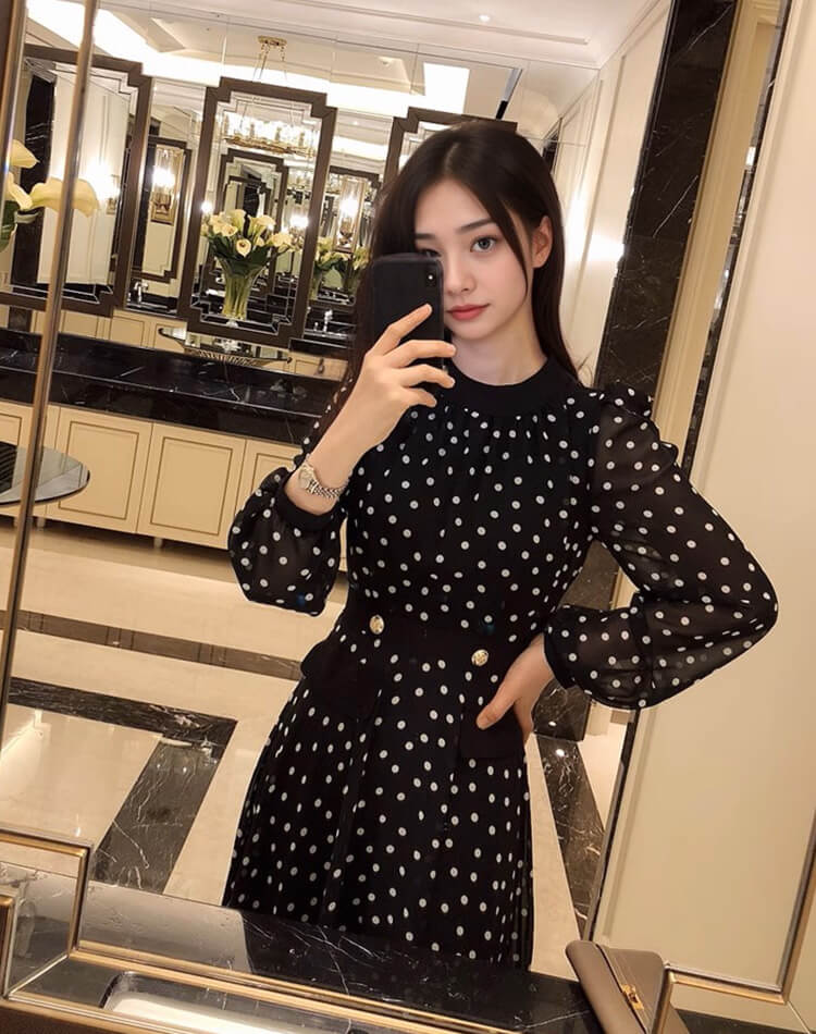 ドット柄 長袖 ミモレ丈 シフォンワンピース
