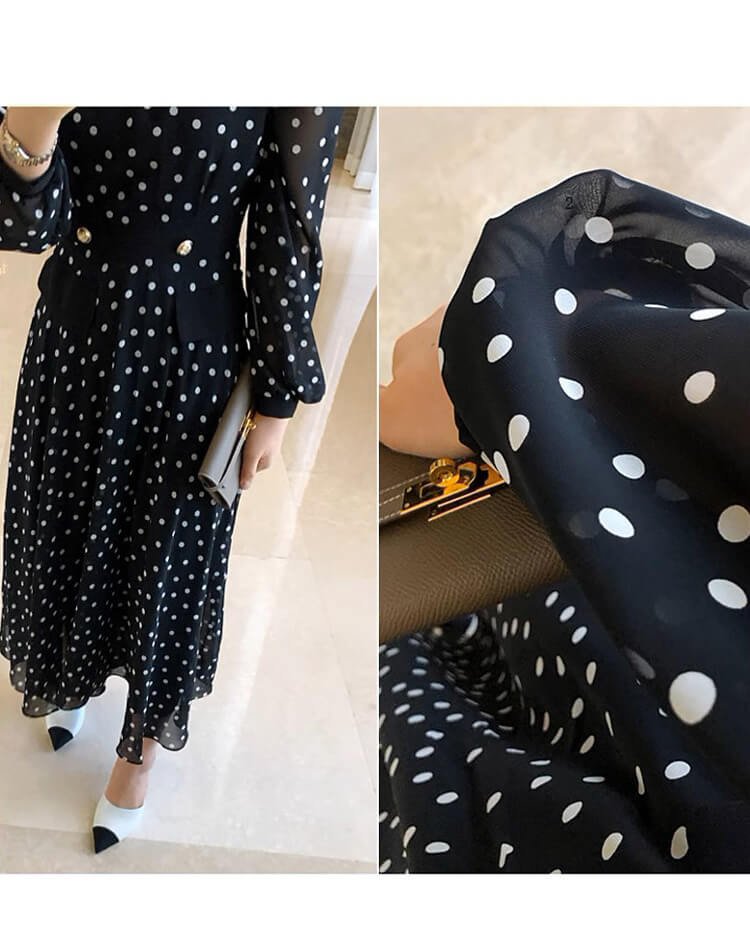 ドット柄 長袖 ミモレ丈 シフォンワンピース
