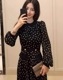 ドット柄 長袖 ミモレ丈 シフォンワンピース