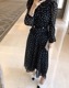 ドット柄 長袖 ミモレ丈 シフォンワンピース