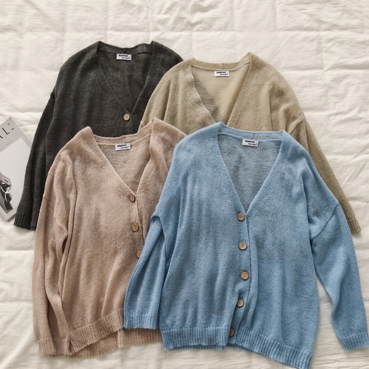 ルーズデザインゆったり長袖Vネックのモヘアニットカーディガン