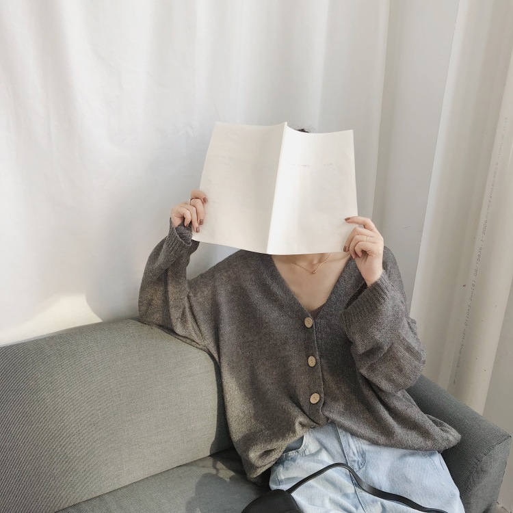 ルーズデザインゆったり長袖Vネックのモヘアニットカーディガン