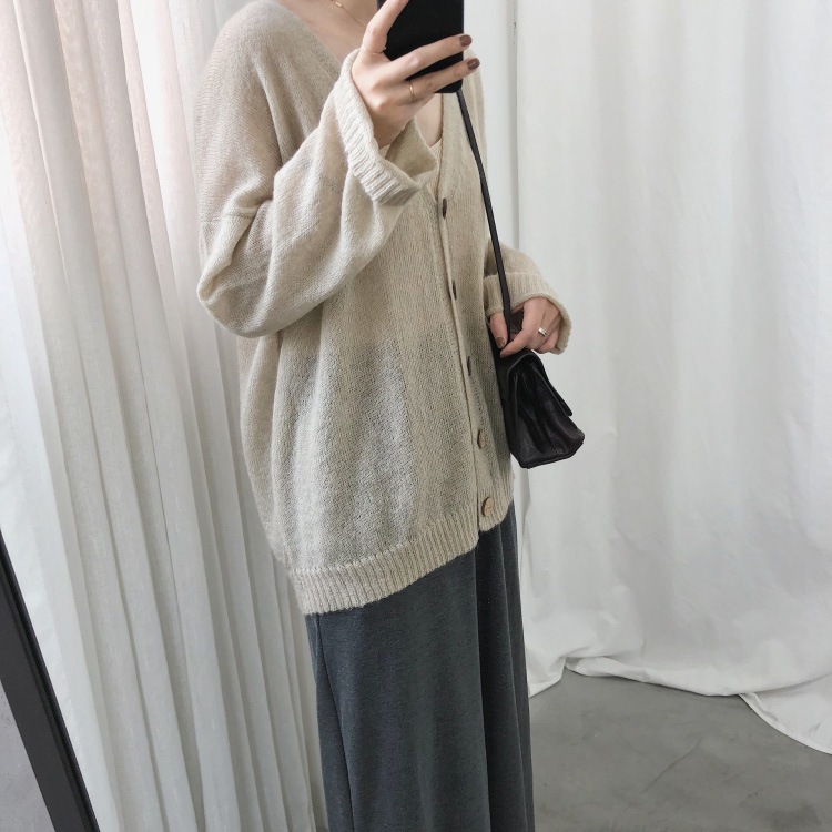 ルーズデザインゆったり長袖Vネックのモヘアニットカーディガン