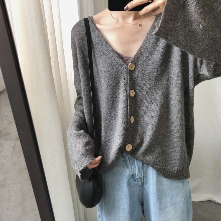ルーズデザインゆったり長袖Vネックのモヘアニットカーディガン