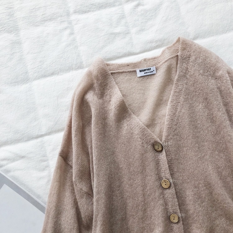 ルーズデザインゆったり長袖Vネックのモヘアニットカーディガン