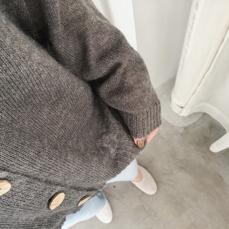 ルーズデザインゆったり長袖Vネックのモヘアニットカーディガン