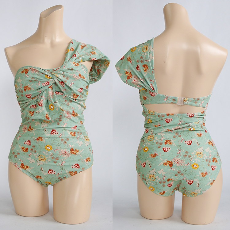 レトロな雰囲気の花柄 ワンショルダー水着