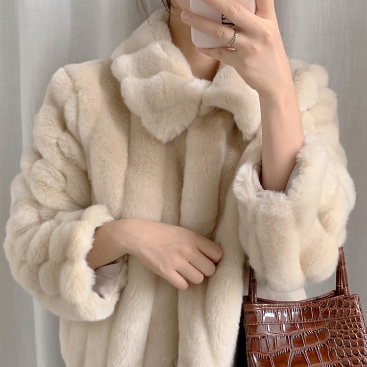 ふんわり ストライプ エコファー ショート丈 コート