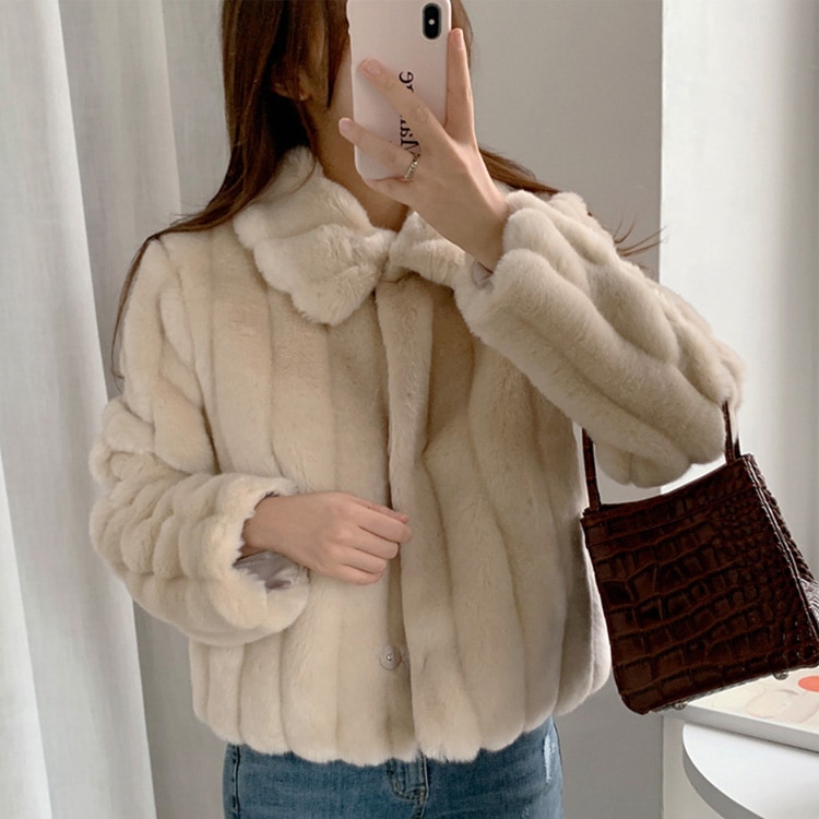 ふんわり ストライプ エコファー ショート丈 コート