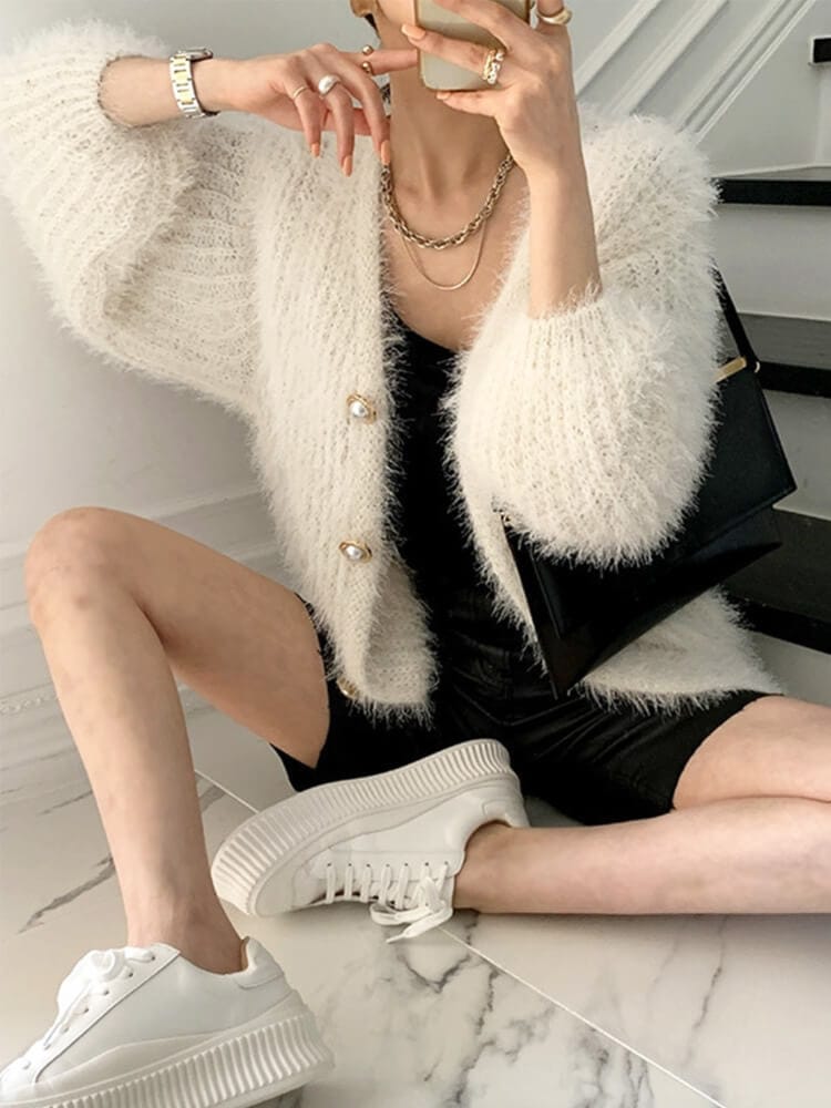 ふわふわシャギー ぽわん袖 ゆったり ニットカーディガン