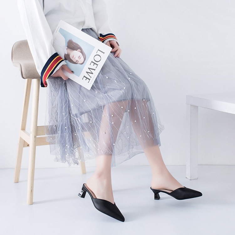 ポインテッドトゥ チャンキーヒール ミュール