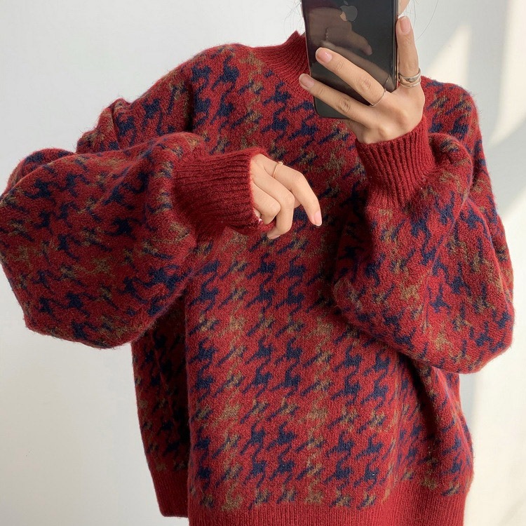 レトロ 千鳥格子柄 バルーンスリーブ ニット