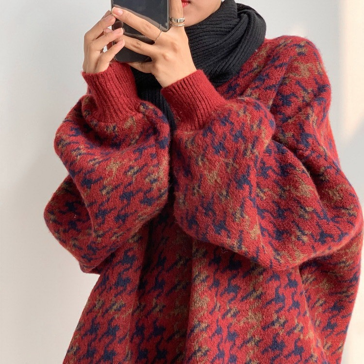 レトロ 千鳥格子柄 バルーンスリーブ ニット