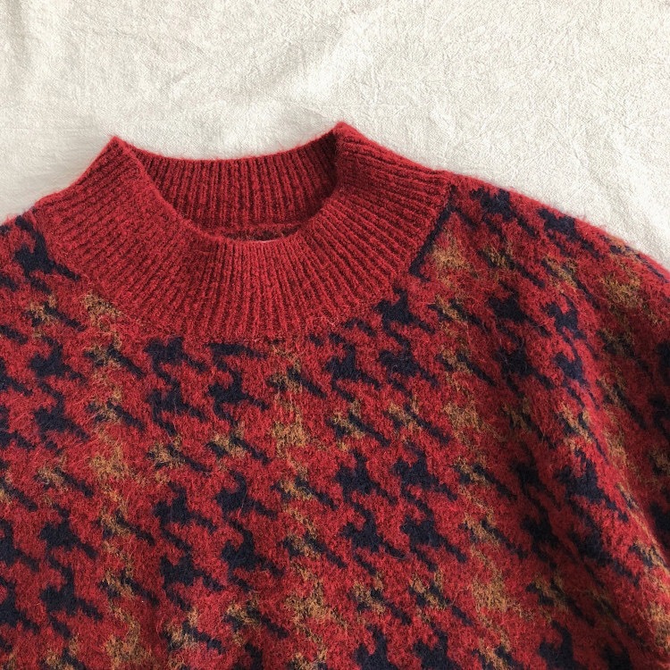 レトロ 千鳥格子柄 バルーンスリーブ ニット