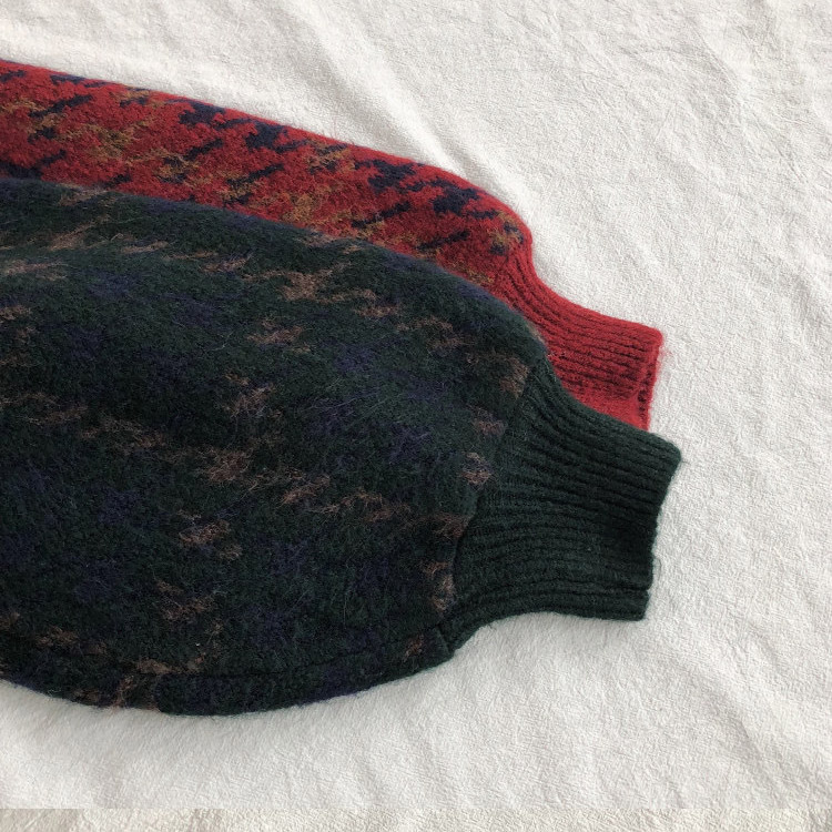 レトロ 千鳥格子柄 バルーンスリーブ ニット