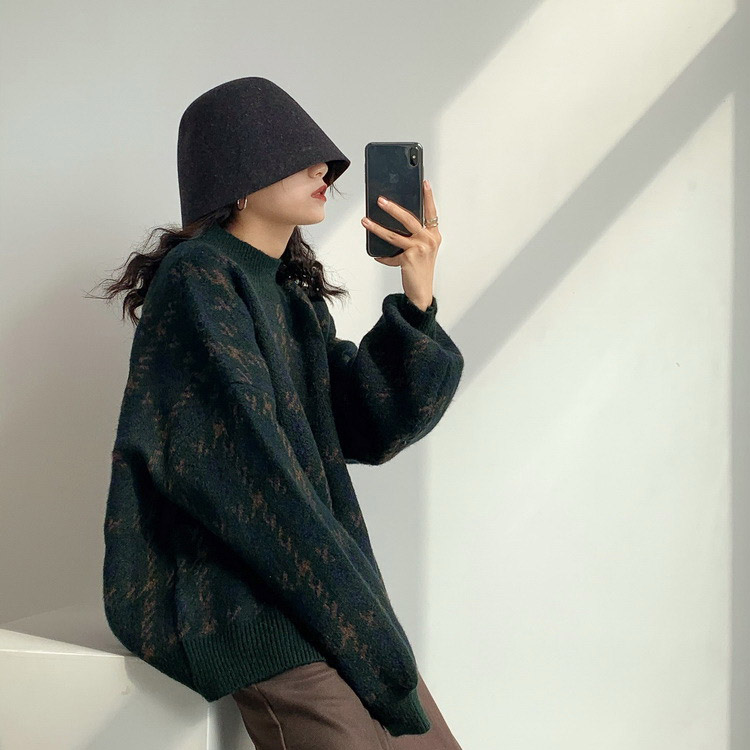 レトロ 千鳥格子柄 バルーンスリーブ ニット