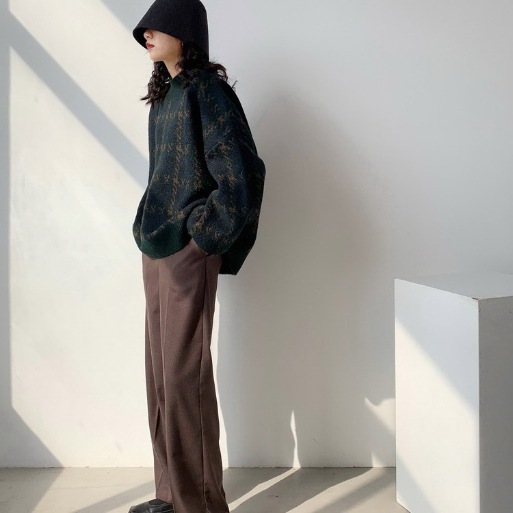 レトロ 千鳥格子柄 バルーンスリーブ ニット