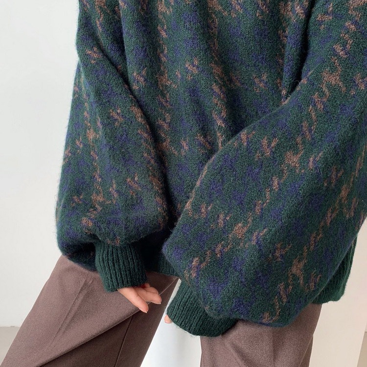 レトロ 千鳥格子柄 バルーンスリーブ ニット