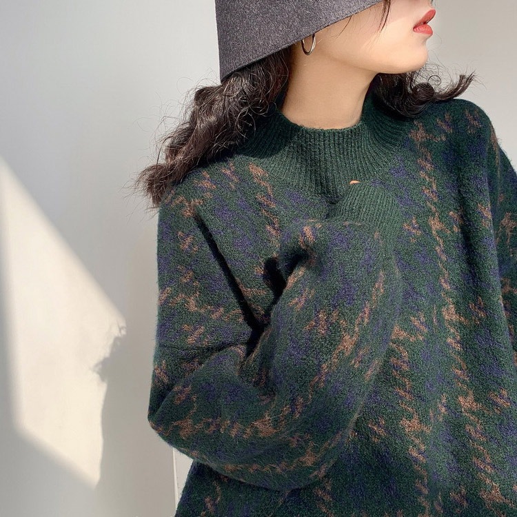 レトロ 千鳥格子柄 バルーンスリーブ ニット