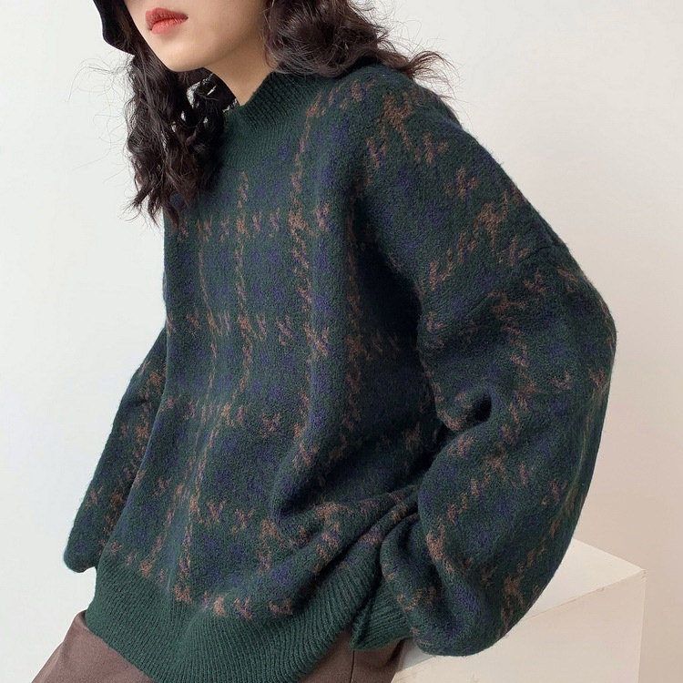 レトロ 千鳥格子柄 バルーンスリーブ ニット