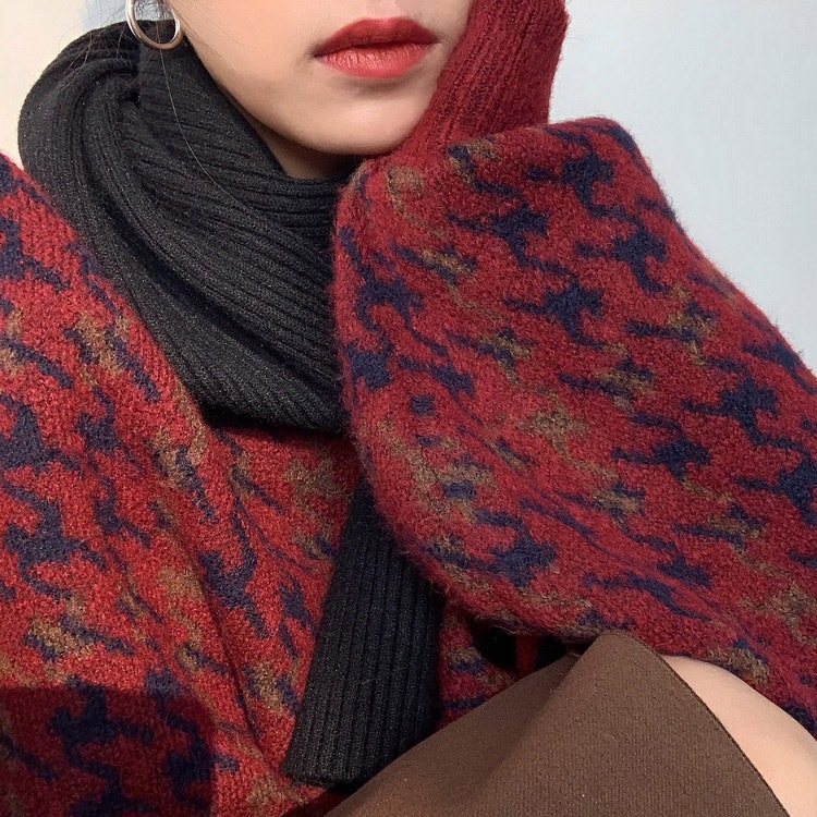 レトロ 千鳥格子柄 バルーンスリーブ ニット