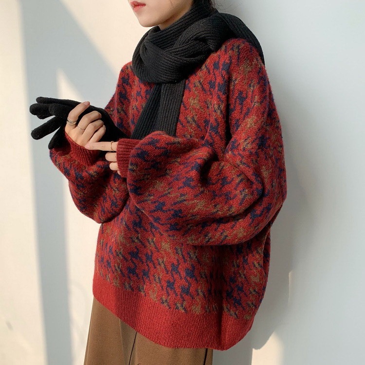 レトロ 千鳥格子柄 バルーンスリーブ ニット