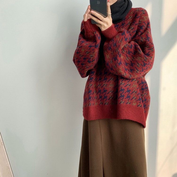 レトロ 千鳥格子柄 バルーンスリーブ ニット