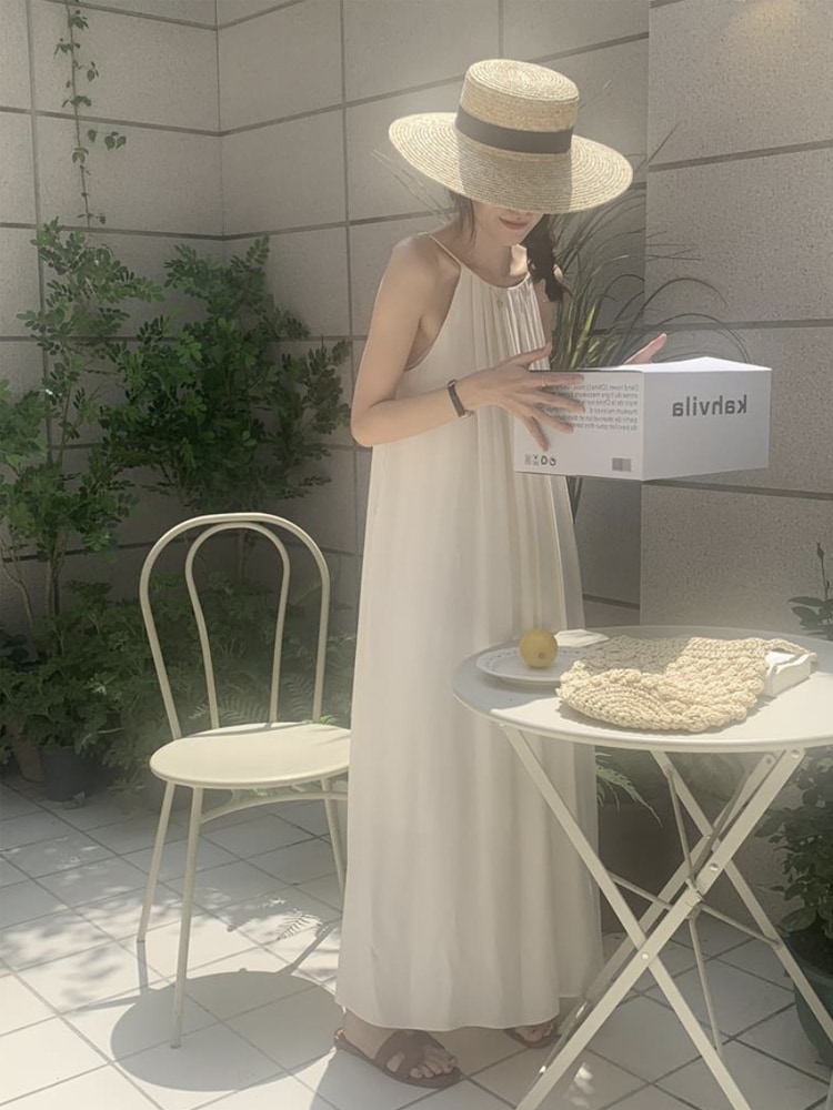 タックプリーツ ゆったり ロング丈 キャミソールワンピース