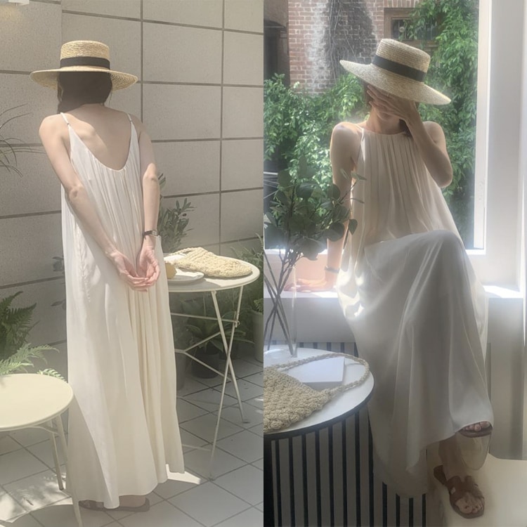 タックプリーツ ゆったり ロング丈 キャミソールワンピース