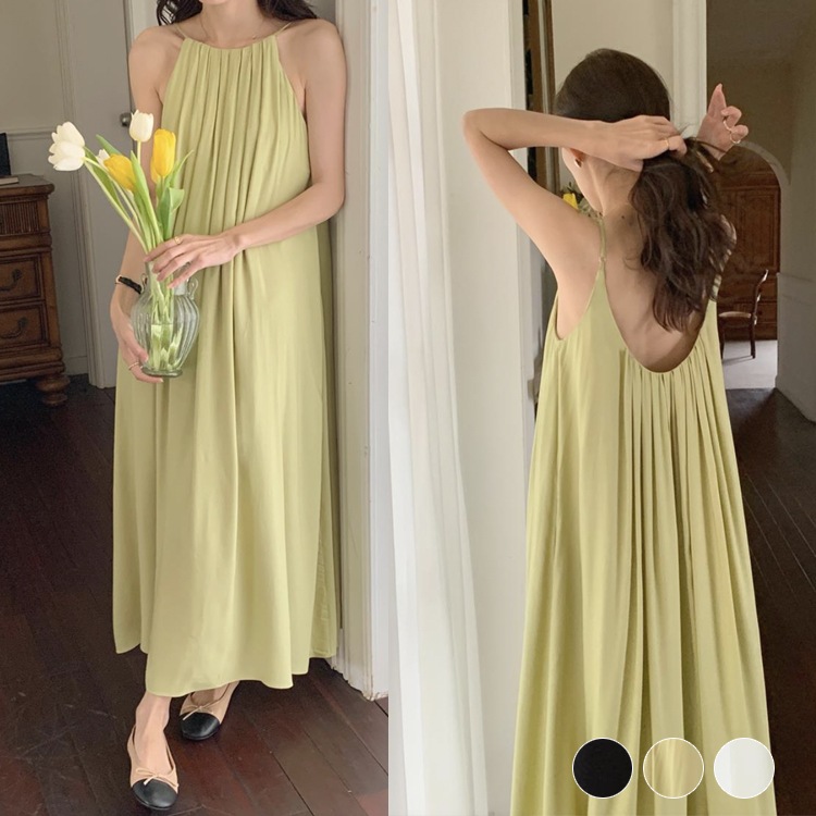 タックプリーツ ゆったり ロング丈 キャミソールワンピース